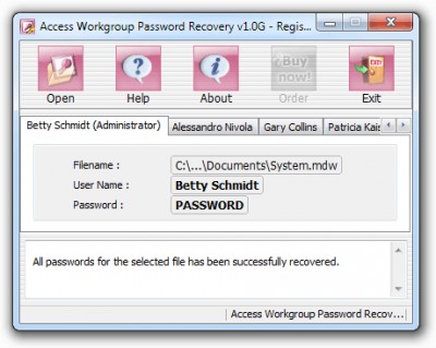 Access Workgroup Password Recovery 1.0L screenshot