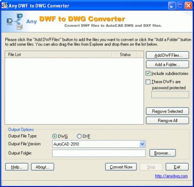 Any DWF to DWG Converter 2010 screenshot