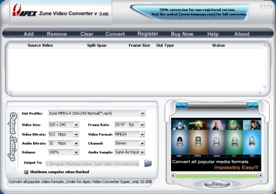 Apex Zune video converter 4.28 screenshot