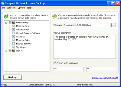 Compact Outlook Express Backup 3.0 screenshot