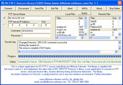 HS FTP Client C Source Library 1.0 screenshot