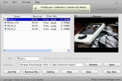 Lenogo Video to Zune Converter 6.5 screenshot