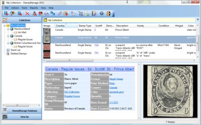 StampManage Canada Philatelic Software 2012 screenshot